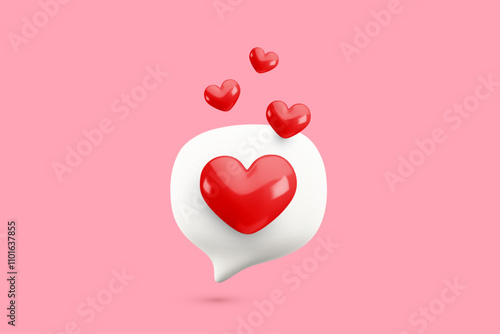Vector cartoon minimal 3d love message background. Realistic render of speech bubble with flying red heart. Cute flirt messaging concept, online valentine in social media, love chatting illustration.