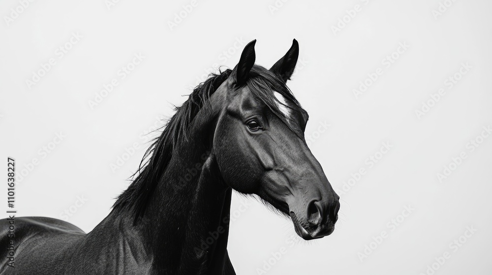 Majestic black horse in a striking dynamic pose set against a minimalist white background, showcasing its powerful physique and expressive features. Majestic black horse in a striking dynamic pose set against a minimalist white background, showcasing its powerful physique and expressive features.