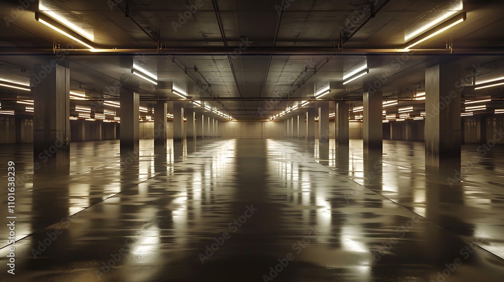 A spacious, well-lit parking garage with polished floors and reflective surfaces. A spacious, well-lit parking garage with polished floors and reflective surfaces.