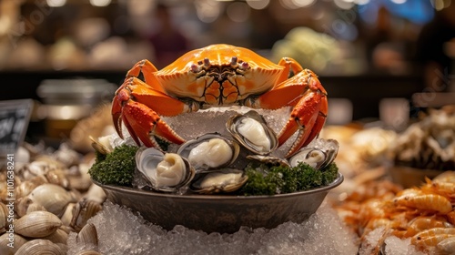 Dungeness crab on ice in a seafood market display, surrounded by other shellfish. The crab's vibrant orange shell stands out, symbolizing fresh seafood ready for selection. photo