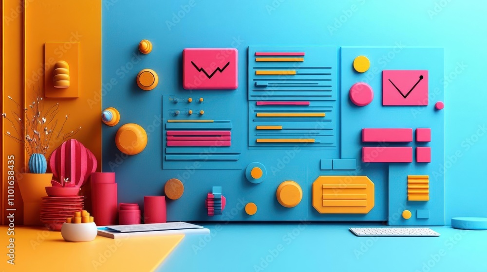 A colorful, abstract composition featuring geometric shapes and patterns on a vibrant background, creating a modern, playful atmosphere. A colorful, abstract composition featuring geometric shapes and patterns on a vibrant background, creating a modern, playful atmosphere.