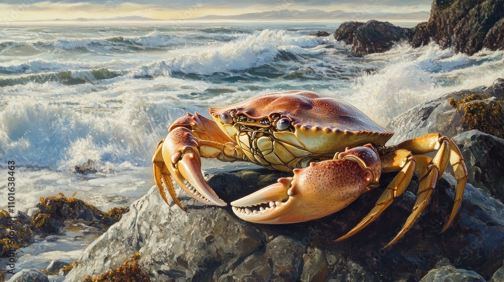 Dungeness crab resting on a rocky shore with ocean waves in the background. The crab detailed shell and claws glisten under natural sunlight, capturing a peaceful seaside scene. Dungeness crab resting on a rocky shore with ocean waves in the background. The crab detailed shell and claws glisten under natural sunlight, capturing a peaceful seaside scene.