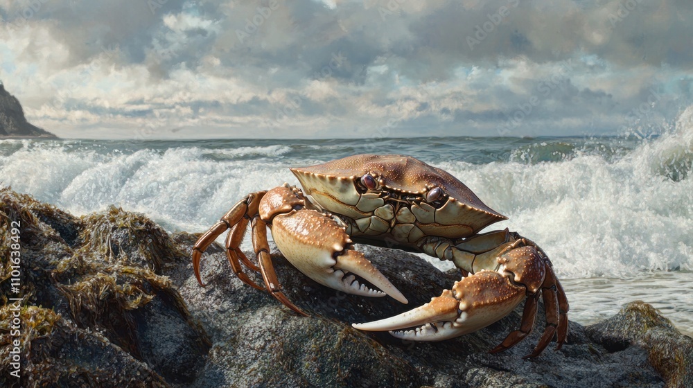 Dungeness crab resting on a rocky shore with ocean waves in the background. The crab detailed shell and claws glisten under natural sunlight, capturing a peaceful seaside scene. Dungeness crab resting on a rocky shore with ocean waves in the background. The crab detailed shell and claws glisten under natural sunlight, capturing a peaceful seaside scene.