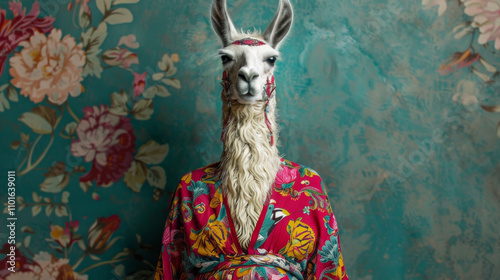 Stylish llama wearing a floral robe in artistic portrait photo