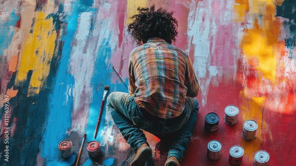 Creative Artist Painting Colorful Abstract Mural on Urban Wall, Focused on Artwork with Paint Cans and Brush in Vibrant Artistic Environment Creative Artist Painting Colorful Abstract Mural on Urban Wall, Focused on Artwork with Paint Cans and Brush in Vibrant Artistic Environment