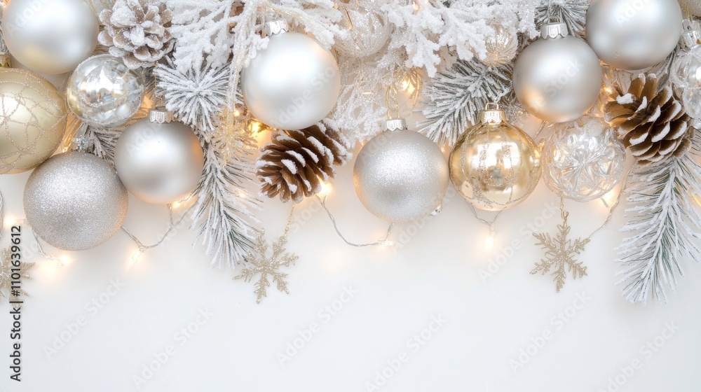 Winter wonderland backdrop, shimmering silver and gold ornaments, twinkling fairy lights, frosted pine cones, delicate snowflakes, elegant ribbon garlands, festive charm, crisp white background Winter wonderland backdrop, shimmering silver and gold ornaments, twinkling fairy lights, frosted pine cones, delicate snowflakes, elegant ribbon garlands, festive charm, crisp white background