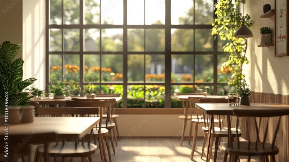 Chic tea restaurant with neat, empty tables and chairs near a large window, highlighting a serene and welcoming space