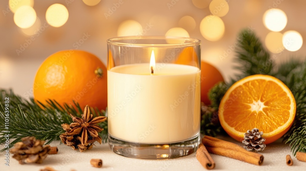 Handmade aromatherapy candle in a glass jar with a wooden wick, surrounded by orange slices, cinnamon sticks, and fir branches for a cozy festive atmosphere. Handmade aromatherapy candle in a glass jar with a wooden wick, surrounded by orange slices, cinnamon sticks, and fir branches for a cozy festive atmosphere.