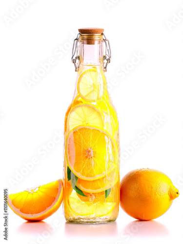 Austrian Almdudler in clear glass bottle surrounded by slices of lemons and oranges on white photo