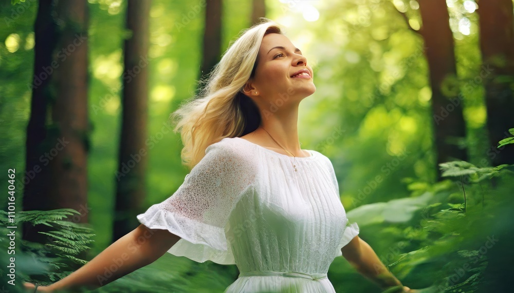 Woman enjoying a serene moment while breathing deeply in a lush green forest, surrounded by natures tranquility, capturing the essence of relaxation, mindfulness, and pure air rejuvenation. Woman enjoying a serene moment while breathing deeply in a lush green forest, surrounded by natures tranquility, capturing the essence of relaxation, mindfulness, and pure air rejuvenation.