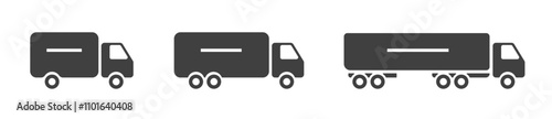 Deliver truck lorry long small and big icon vector simple silhouette shape graphic illustration set, shipping commercial semi van vehicle sign isolated cut out image clip art, courier auto car
