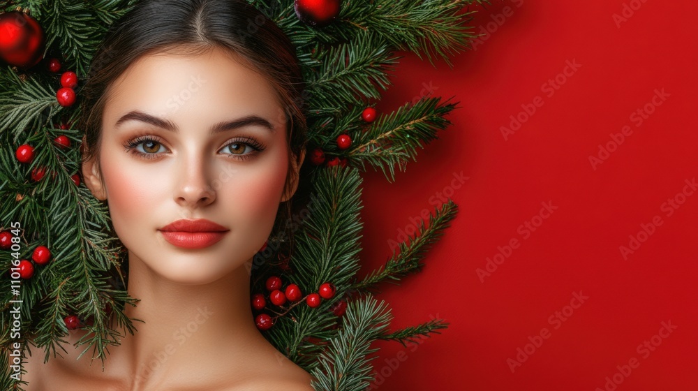Elegant Christmas Portrait with Pine and Berries Elegant Christmas Portrait with Pine and Berries