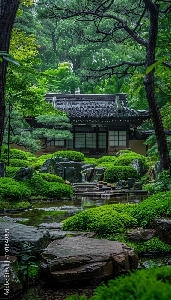 Serene garden awakening first signs of spring with budding trees and soft mossy ground Serene garden awakening first signs of spring with budding trees and soft mossy ground