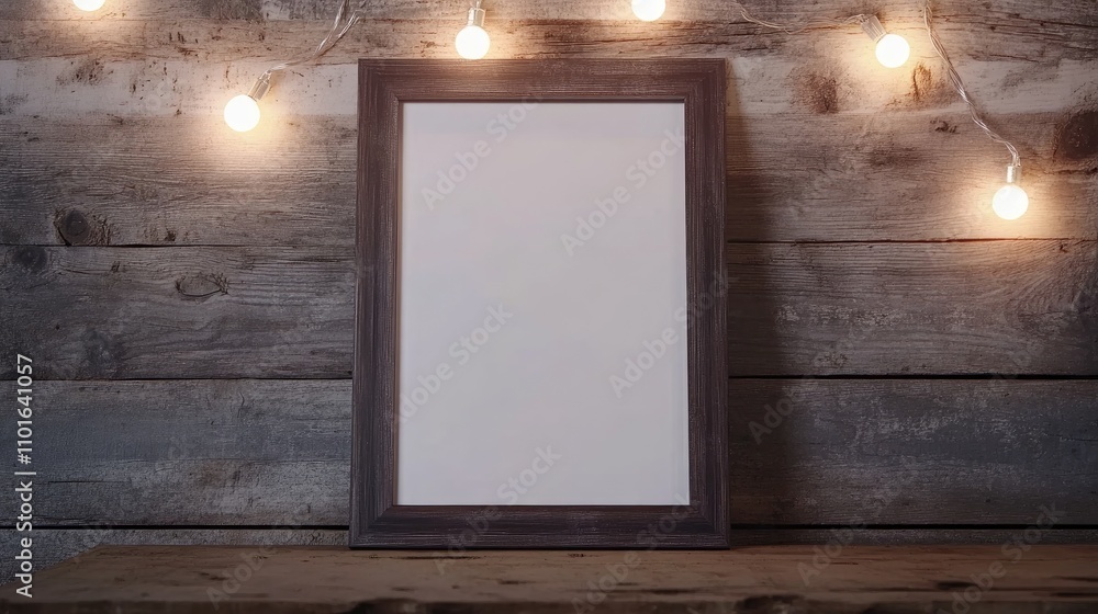Picture frame surrounded by warm festive lights on a rustic wooden wall, ideal for creating charming mockup displays or artistic presentations. Picture frame surrounded by warm festive lights on a rustic wooden wall, ideal for creating charming mockup displays or artistic presentations.