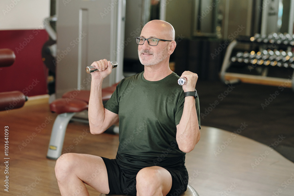 Obraz premium Senior man lifting dumbbells while sitting in gym setting. Focused expression showing commitment to health and fitness routine