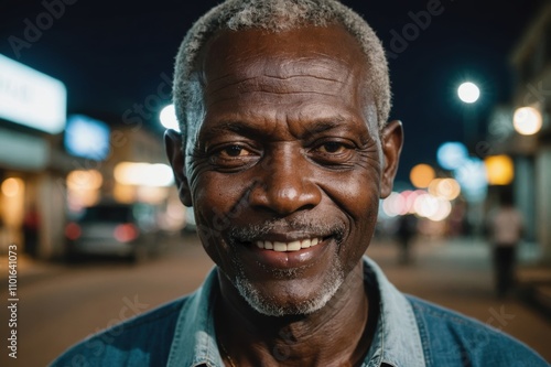 Close portrait of a smiling senior Beninese man looking at the camera, Beninese city outdoors at night blurred background