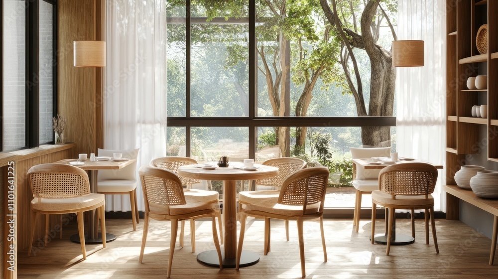 Empty seating near a window in a stylish tea restaurant, with natural light highlighting the wooden furniture and clean design.