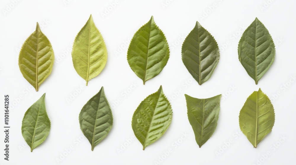 Fototapeta premium A collection of vibrant green tea leaves, neatly arranged against a pristine white background, showcasing the fresh, natural beauty of each leaf.