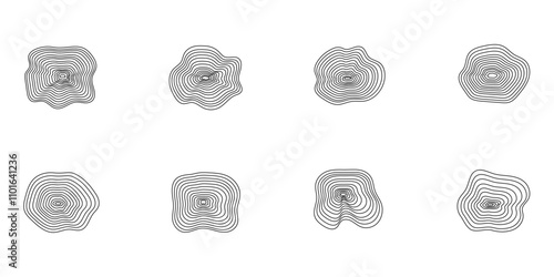 Doodle distorted circles set. Tree rings, wood age. Wavy curve. Vector simple design