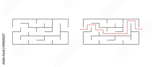 Simple labyrinth maze game vector illustration with solution. Find right way, simple logic game. Puzzle for kids.	