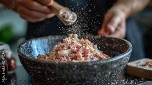 Chef seasoning ingredients in a rustic kitchen photo