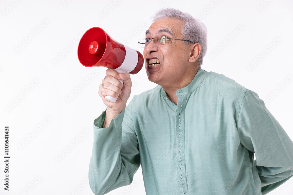 businessman screaming into megaphone over white background businessman screaming into megaphone over white background