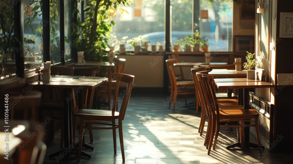 Empty tables and chairs lined up by a wide window in a quiet tea restaurant, with sunlight casting soft shadows on the floor.