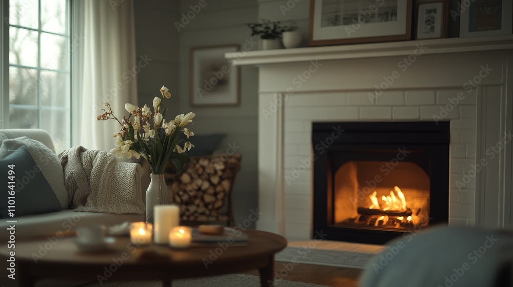 A cozy living room with a fireplace, candle, and flower, creating a warm and inviting atmosphere. A cozy living room with a fireplace, candle, and flower, creating a warm and inviting atmosphere.