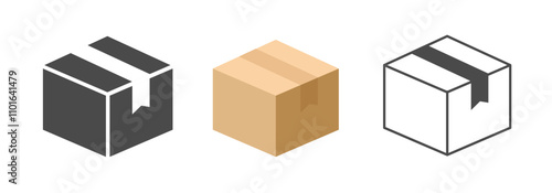 Carton parcel pack box icon vector simple graphic pictogram illustration set, postal mail delivery cardboard package line stroke outline sign symbol 3d isometric modern design image clip art
