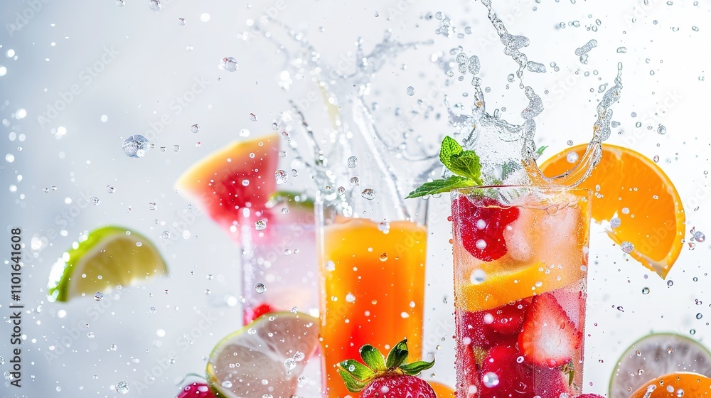 Splashing Juice and Wine on a White Background - A Vivid and Colorful Liquid Display. The Dynamic Splashing of the Juice and Wine, with Their Rich Hues and Transparent Textures, Creating a Captivating Splashing Juice and Wine on a White Background - A Vivid and Colorful Liquid Display. The Dynamic Splashing of the Juice and Wine, with Their Rich Hues and Transparent Textures, Creating a Captivating