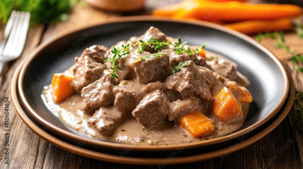 Beef stroganoff with tender beef chunks and carrots served in a rich creamy sauce, garnished with fresh thyme on a rustic wooden table. Beef stroganoff with tender beef chunks and carrots served in a rich creamy sauce, garnished with fresh thyme on a rustic wooden table.