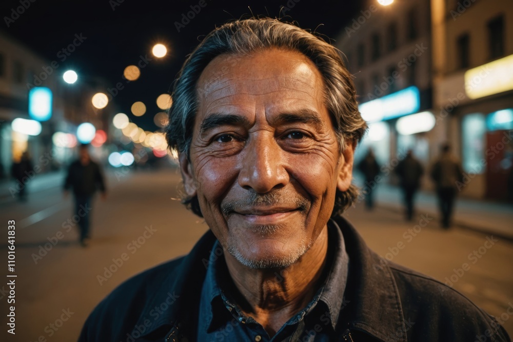Obraz premium Close portrait of a smiling senior Bolivian man looking at the camera, Bolivian city outdoors at night blurred background