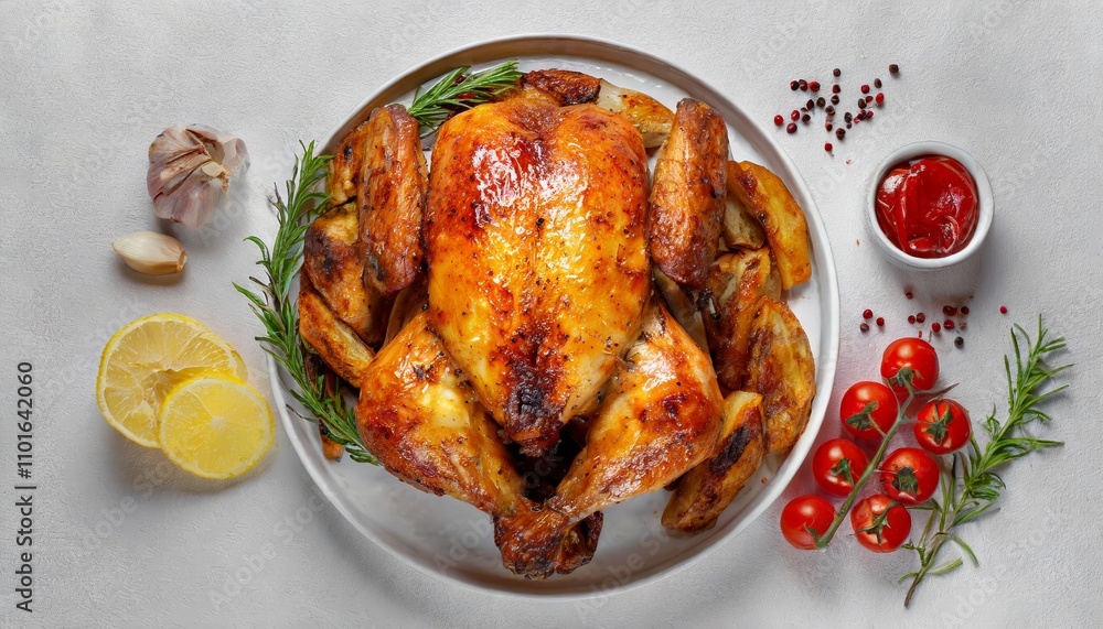 Perfectly Roasted Whole Chicken on Isolated White Background – Top View Shot Showcasing Golden-Brown Crisp Skin and Juicy Tender Meat Ideal for Culinary Presentations, Recipes, or Food Perfectly Roasted Whole Chicken on Isolated White Background – Top View Shot Showcasing Golden-Brown Crisp Skin and Juicy Tender Meat Ideal for Culinary Presentations, Recipes, or Food