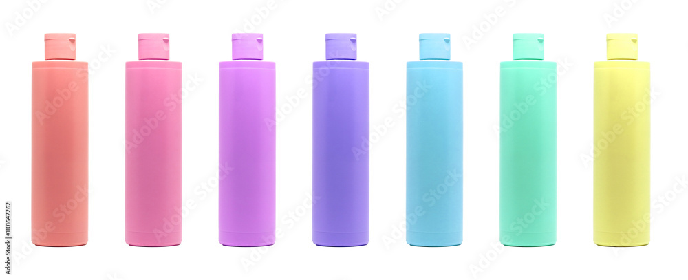 colorful cosmetic bottles isolated on transparent background. Blank beauty container for branding shower gel, shampoo or body care colorful cosmetic bottles isolated on transparent background. Blank beauty container for branding shower gel, shampoo or body care