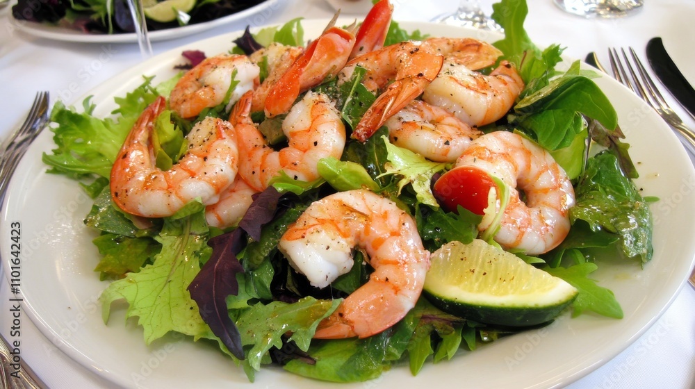 A fresh prawn salad artfully arranged on a plate, with succulent prawns, crisp greens, and vibrant vegetables, drizzled with a light vinaigrette, making for a delicious and visually appealing dish. A fresh prawn salad artfully arranged on a plate, with succulent prawns, crisp greens, and vibrant vegetables, drizzled with a light vinaigrette, making for a delicious and visually appealing dish.