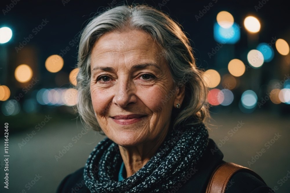 Close portrait of a smiling senior Bosnian woman looking at the camera, Bosnian city outdoors at night blurred background Close portrait of a smiling senior Bosnian woman looking at the camera, Bosnian city outdoors at night blurred background