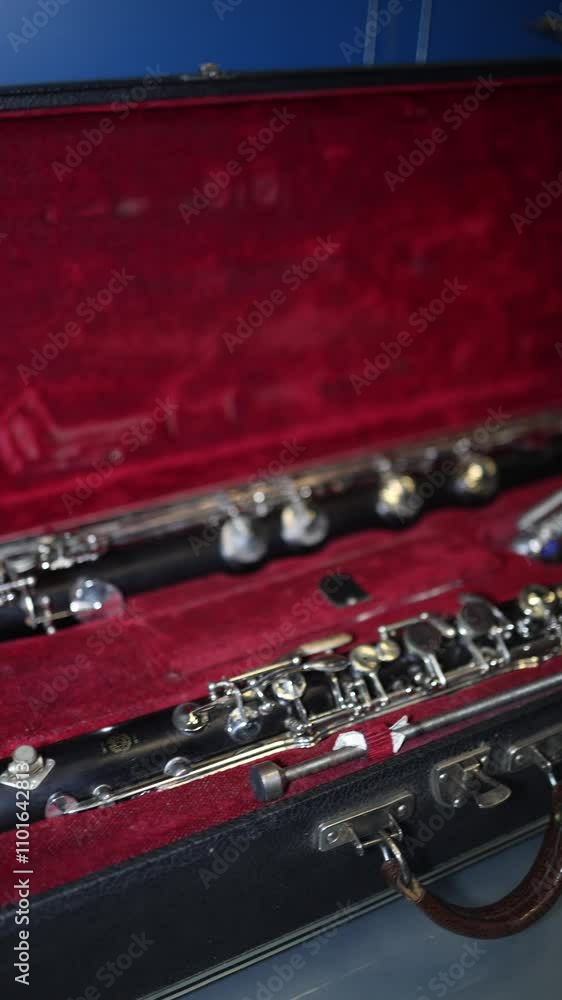 A close-up view of a professional clarinet in its elegant velvet-lined case. The intricate silver keys and rich black finish showcase the fine craftsmanship of the instrument. A close-up view of a professional clarinet in its elegant velvet-lined case. The intricate silver keys and rich black finish showcase the fine craftsmanship of the instrument.