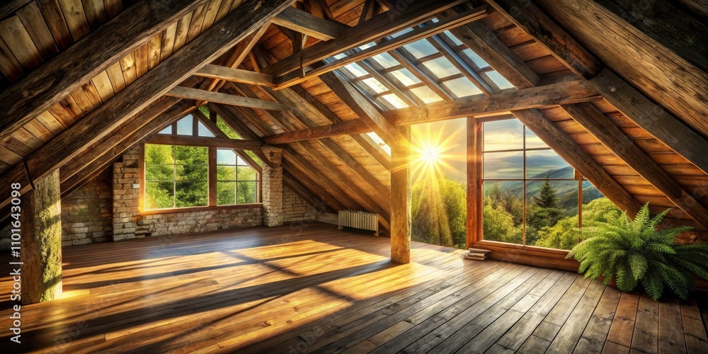 Sunlit Attic Room with Wooden Beams and Floorboards - A Cozy Retreat in Nature's Embrace with Warm Light and Textured Surfaces Sunlit Attic Room with Wooden Beams and Floorboards - A Cozy Retreat in Nature's Embrace with Warm Light and Textured Surfaces