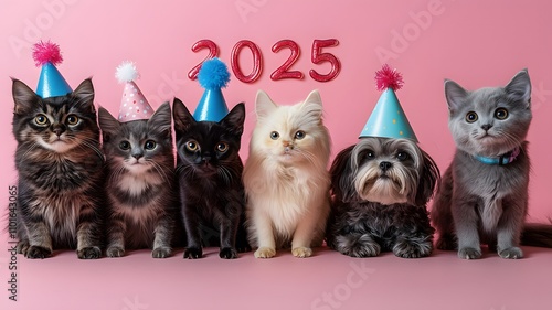 Cute dogs and cats celeberate 2025 Happy New Year ,Animal Party ,wear party hats, with 