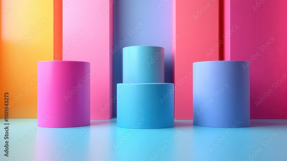 A vibrant display of cylindrical shapes in pink, blue, and purple against a colorful backdrop, creating a playful and modern aesthetic. A vibrant display of cylindrical shapes in pink, blue, and purple against a colorful backdrop, creating a playful and modern aesthetic.