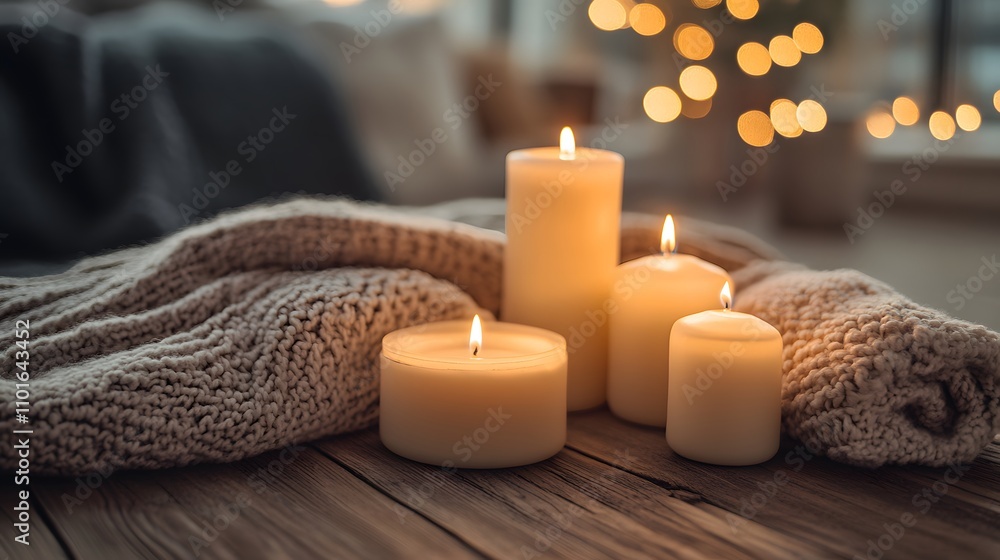 Cozy Candles and Knitted Sweater on Wooden Table Cozy Candles and Knitted Sweater on Wooden Table