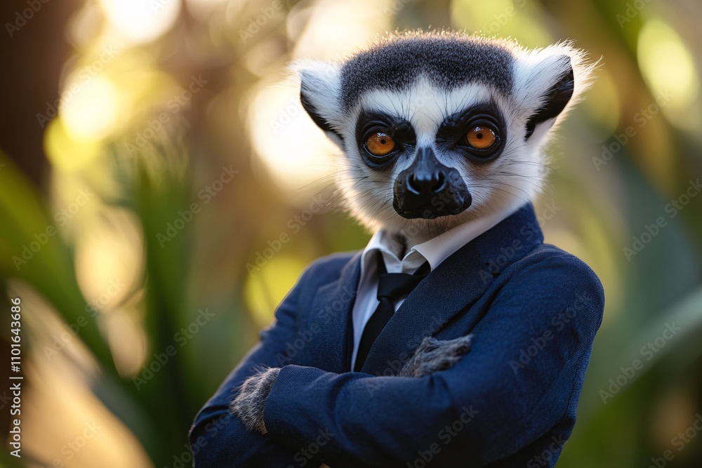 A suited man with a lemur head confidently poses in a forest setting during early autumn A suited man with a lemur head confidently poses in a forest setting during early autumn