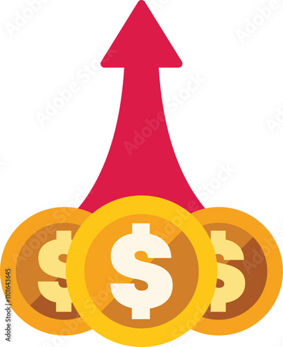 This vector illustration shows a red arrow growing from three gold coins, indicating increasing value