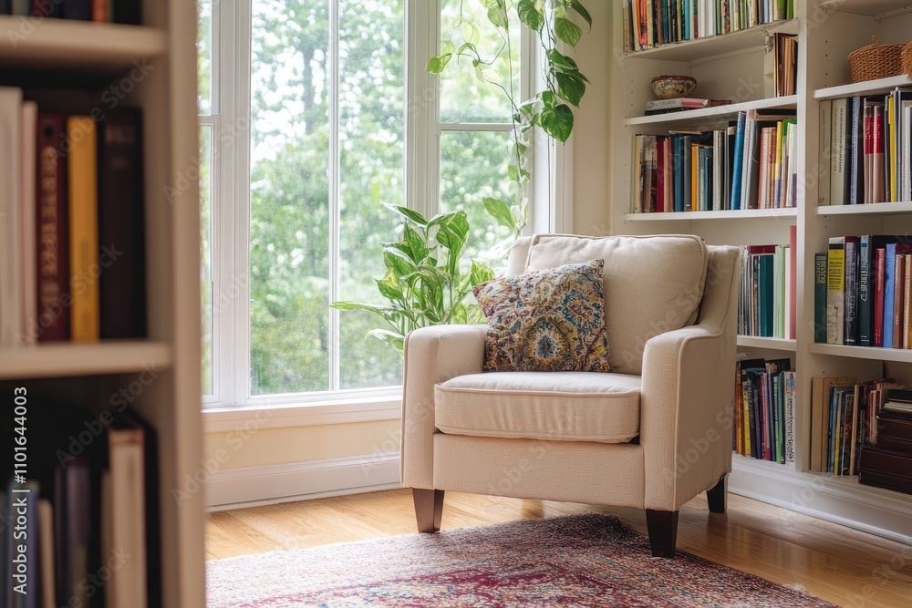 Fototapeta premium Comfortable Armchair Near Window And Bookshelves