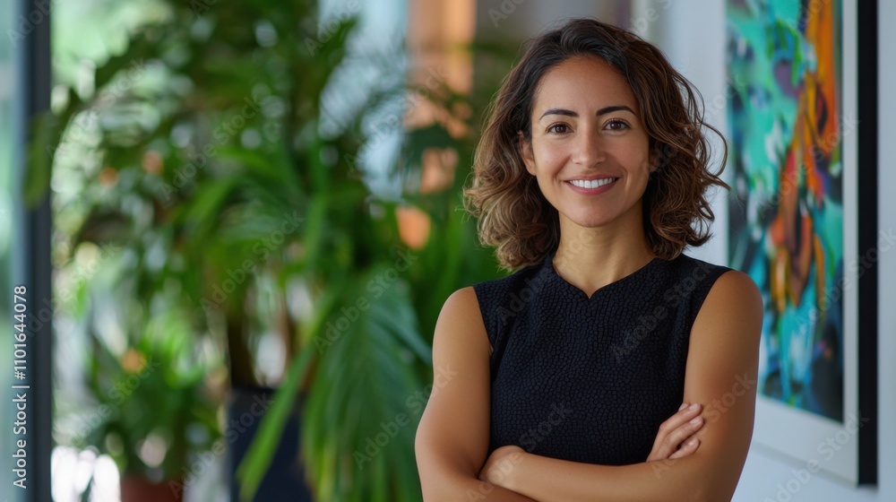 Naklejka premium Portrait of beautiful successful hispanic young business woman with crossed arms smiling confident at camera. Latin or eastern middle age female ceo leader businesswoman standing in office. Copy space