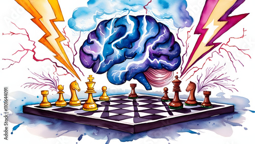 Wallpaper Mural Brain with vibrant lightning bolts above chessboard illustrating strategy, intelligence, creativity, and critical thinking in a surreal, energetic style Torontodigital.ca