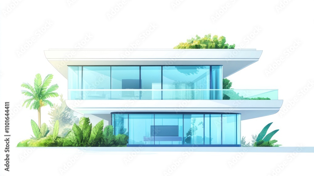 Modern Two Story Glass House with Lush Greenery Modern Two Story Glass House with Lush Greenery