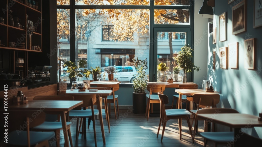 Minimalistic tea restaurant with neatly arranged tables and chairs near a large window, accentuated by natural light and warm tones Minimalistic tea restaurant with neatly arranged tables and chairs near a large window, accentuated by natural light and warm tones