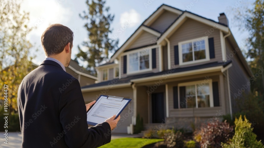 Professional male real estate agent inspecting residential property and taking notes on clipboard in front of house during daylight in suburban neighborhood Professional male real estate agent inspecting residential property and taking notes on clipboard in front of house during daylight in suburban neighborhood