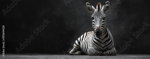 Dramatic portrait of lone zebra resting on dark background. Wildlife studio photography with moody lighting highlights striking black and white stripes. Artistic  8k banner with copy space